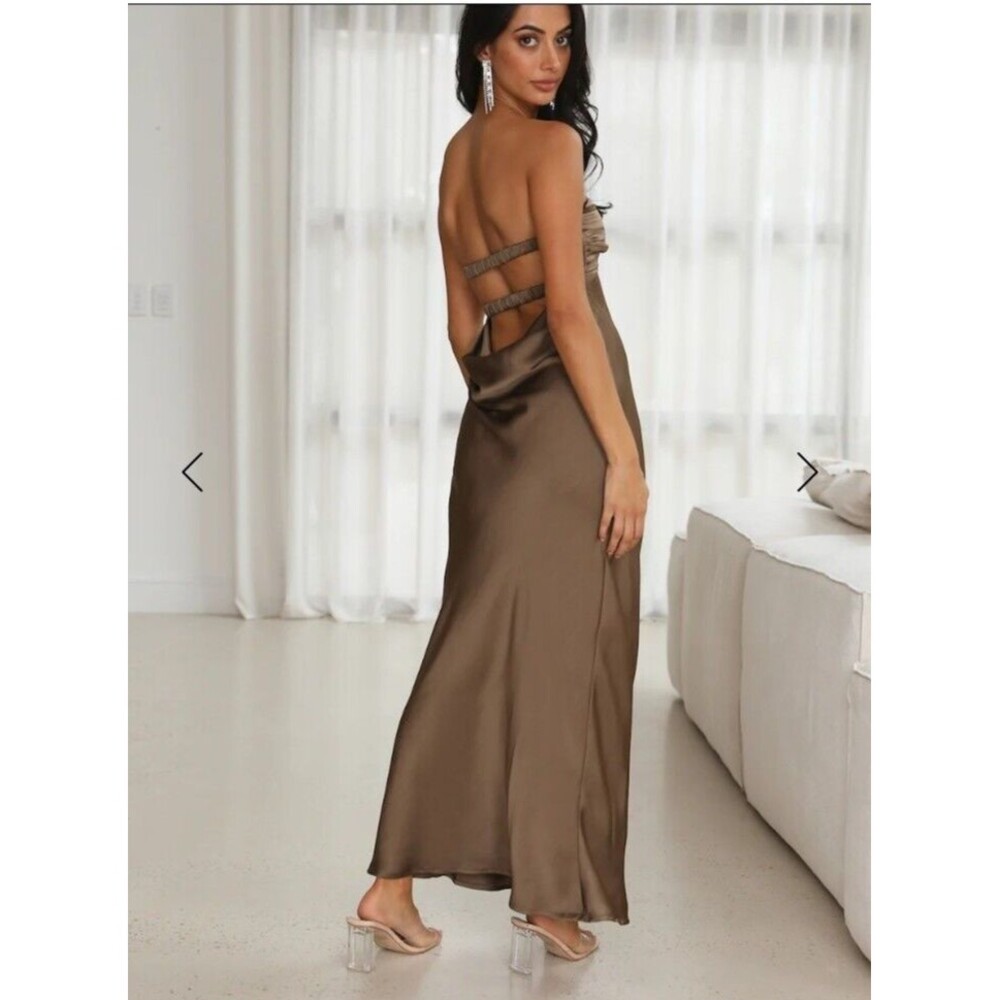 Hello Molly Dress Sz 2 Up And Downs Satin Slip Maxi Brown Strappy Cowl Low Back